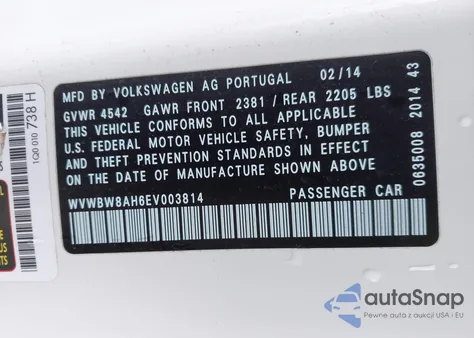2014 Volkswagen Eos Komfort from USA, damaged, VIN WVWBW8AH6EV003814